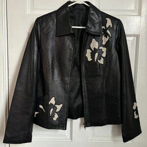 Black Leather Jacket Boxy Collar Zip Up Hibiscus Flowers Cream Cut Out Motif S M